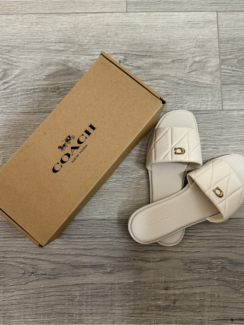 Coach Cream Quilted Slide Sandals with Gold Accent